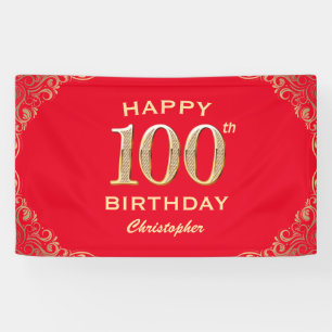 100th Birthday Party Red and Gold Glitter Frame Banner