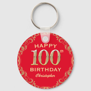 100th Birthday Party Red and Gold Glitter Frame Key Ring