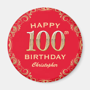 100th Birthday Party Red and Gold Glitter Frame Magnet