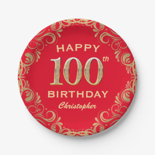 100th Birthday Party Red and Gold Glitter Frame Paper Plate