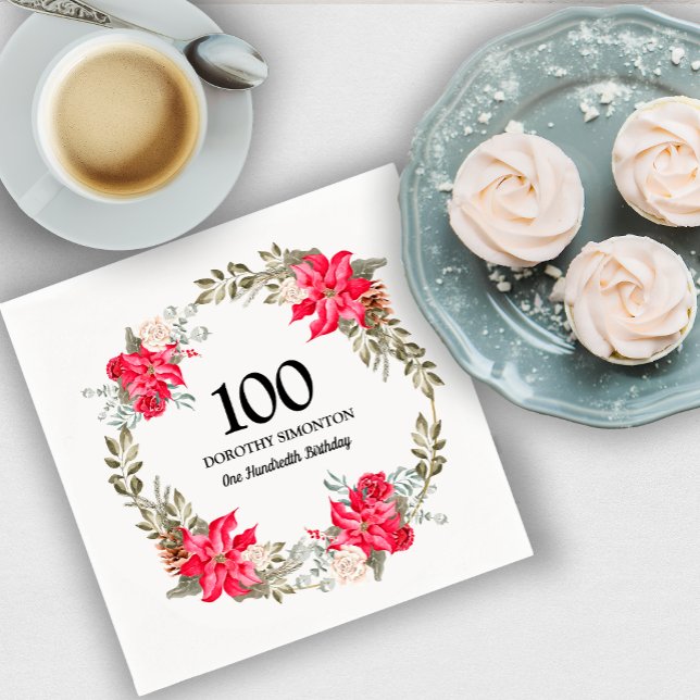 100th Birthday Party Red Floral Poinsettia Wreath Napkin (Creator Uploaded)
