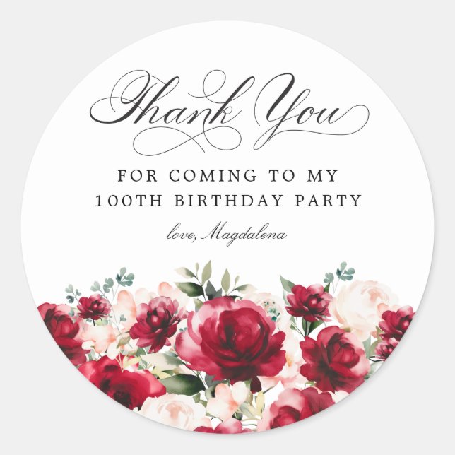 100th Birthday Party Red Pink Floral Thank You Classic Round Sticker (Front)