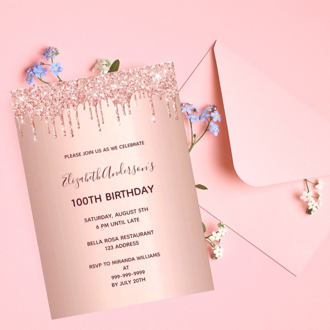 100th birthday party rose gold glitter drip invitation (Creator Uploaded)