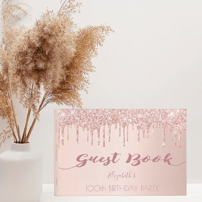 100th birthday party rose gold glitter drips pink guest book (Creator Uploaded)