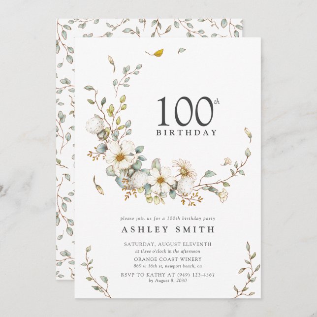 100th Birthday Party Rustic Watercolor Wildflower  Invitation (Front/Back)