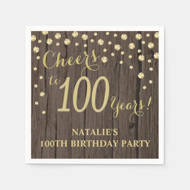 100th Birthday Party Rustic Wood and Gold Diamond  Napkin (Front)