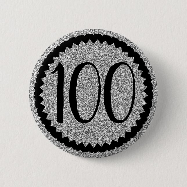 100th Birthday Party Silver Glitter 6 Cm Round Badge (Front)