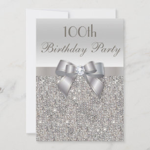 100th Birthday Party Silver Sequins, Bow & Diamond Invitation
