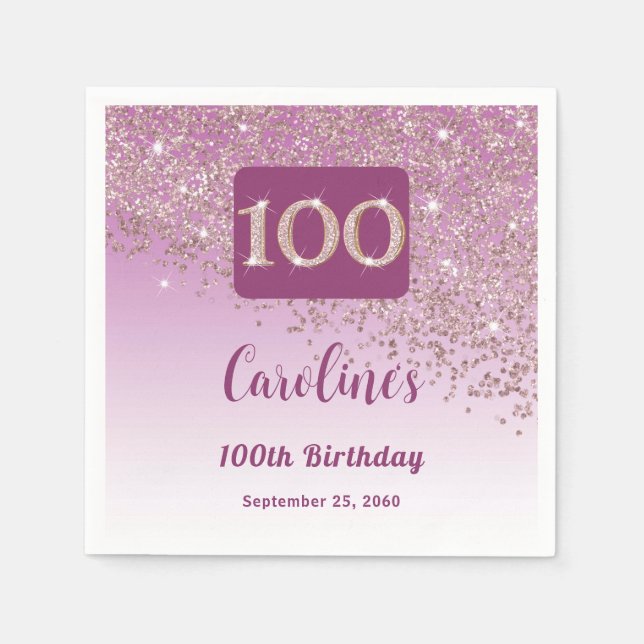 100th Birthday Party Sparkling Rose Gold Glitter Napkin (Front)