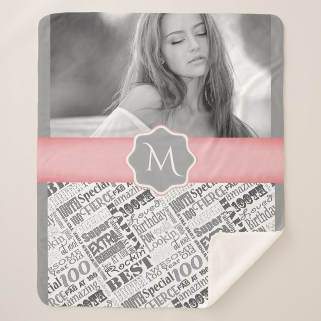 100th Birthday Party Special Personalised Monogram Sherpa Blanket (Front)
