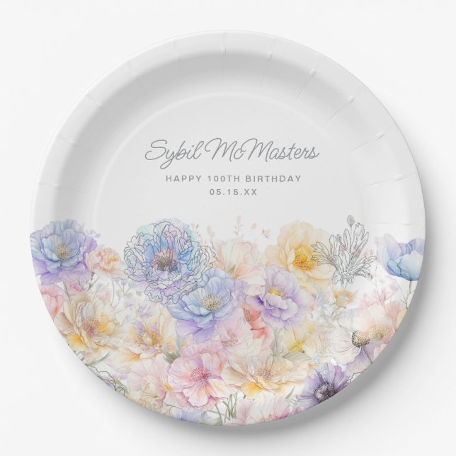100th Birthday Party Summer Watercolor Floral Paper Plate (Front)