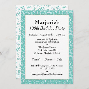 100th Birthday Party Teal/White Number Pattern Invitation