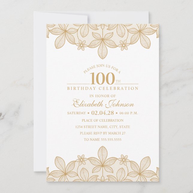 100th Birthday Party Unique Golden Lace Invitation (Front)