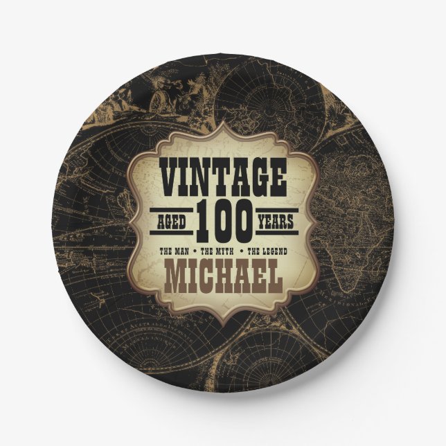 100th Birthday Party Vintage Theme Custom Name Paper Plate (Front)