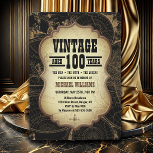 100th Birthday Party Vintage Theme World Map Invitation