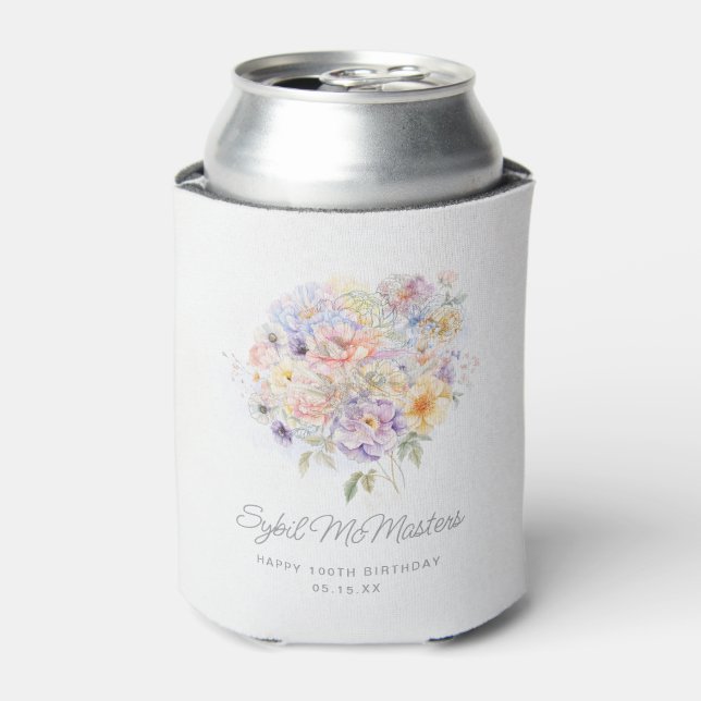 100th Birthday Party Watercolor Floral Custom Can Cooler (Can Front)