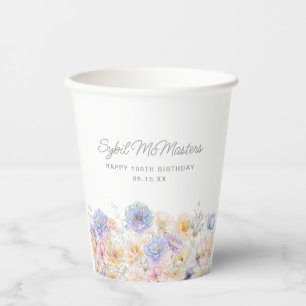 100th Birthday Party Watercolor Floral Custom Paper Cups