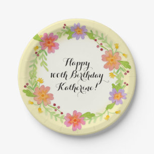 100th Birthday Party Watercolor Modern Floral Paper Plate