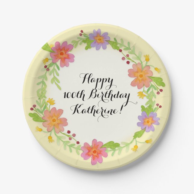100th Birthday Party Watercolor Modern Floral Paper Plate (Front)
