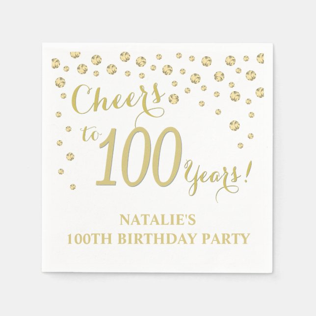 100th Birthday Party White and Gold Diamond Napkin (Front)
