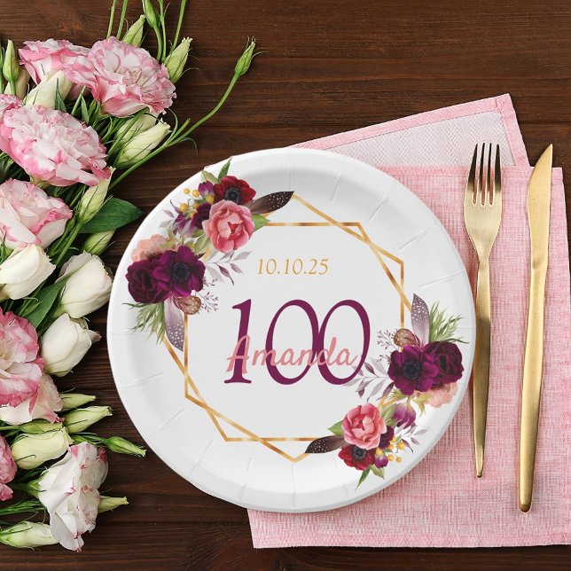 100th birthday party white geo floral burgundy paper plate (Creator Uploaded)