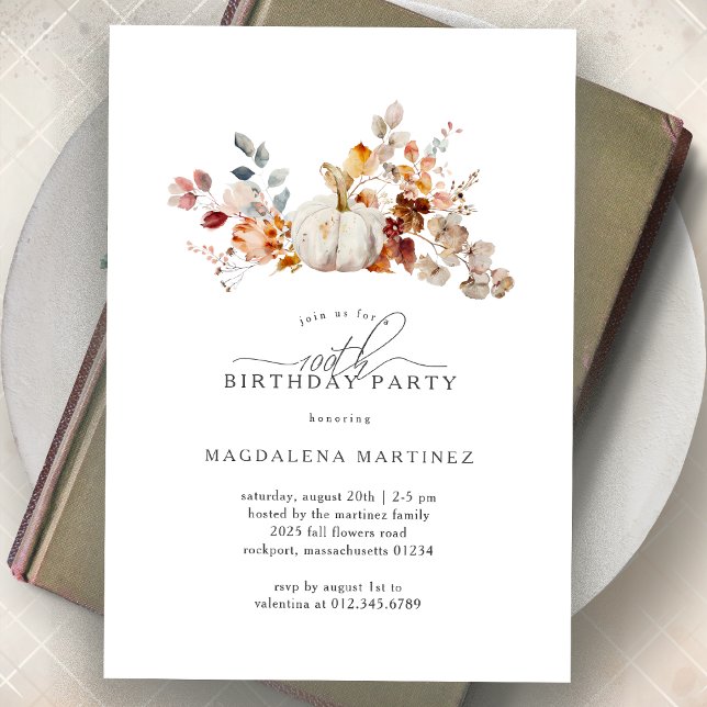 100th Birthday Party White Pumpkin Fall Flowers  Invitation (Creator Uploaded)