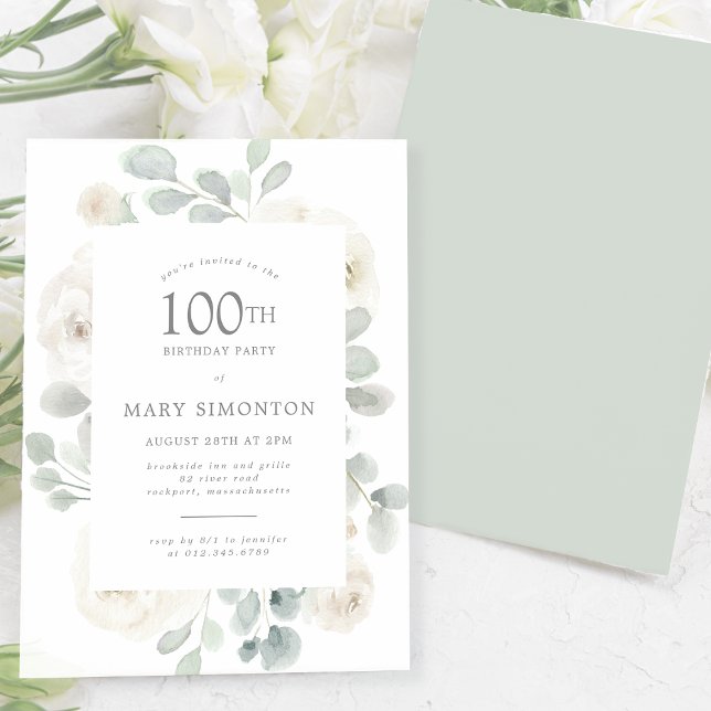 100th Birthday Party White Rose Floral Invitation (Creator Uploaded)