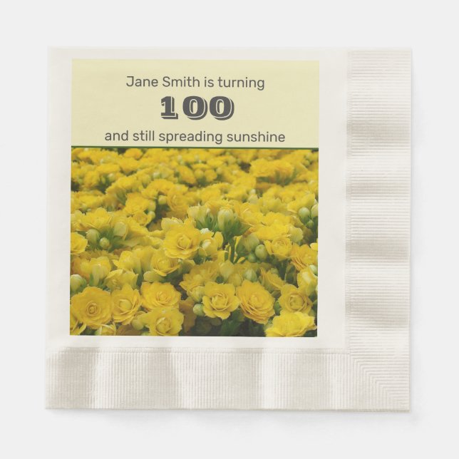 100th Birthday Party Yellow Flowers Celebration Napkin (Front)