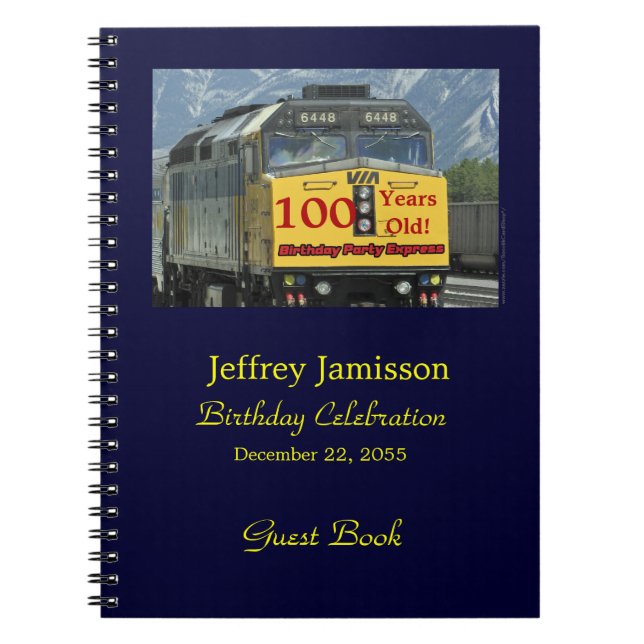 100th Birthday Party Yellow Train Guestbook Spiral Notebook (Front)