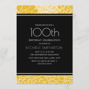 100th Birthday Party Yellow White Black Floral Invitation