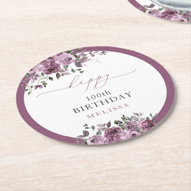 100th Birthday Personalised Elegant Purple Flower Round Paper Coaster (Angled)