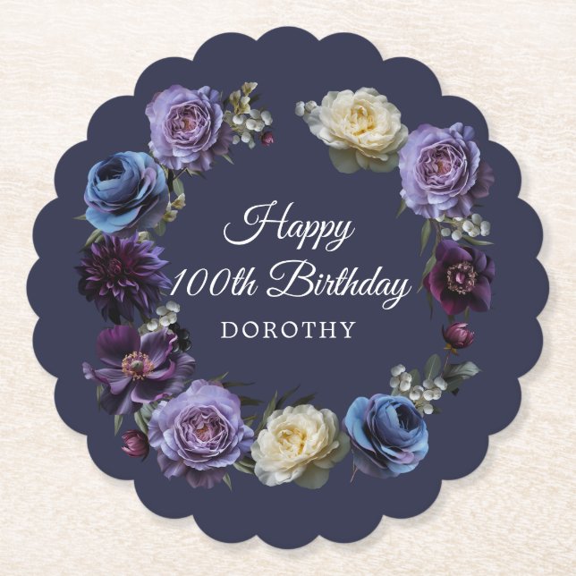 100th Birthday Personalised Moody Purple Flower  Paper Coaster (Front)