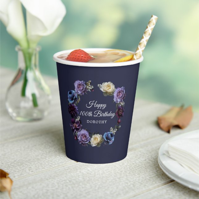 100th Birthday Personalised Moody Purple Flower Paper Cups (Insitu)
