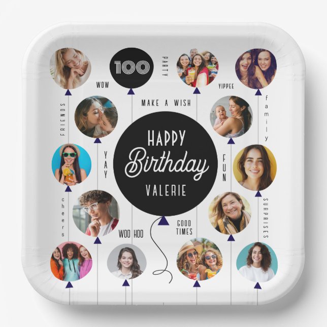 100th Birthday Photo Balloons Paper Plate (Front)