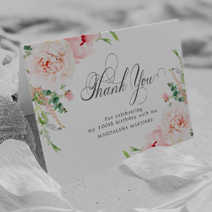 100th Birthday Photo Blush Pink Floral Folded Thank You Card
