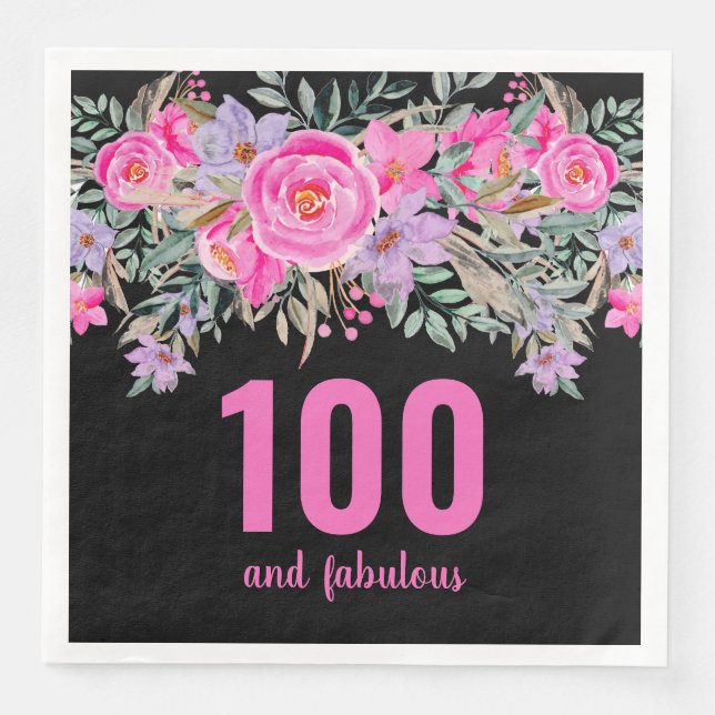 100th birthday pink black floral party napkins (Front)