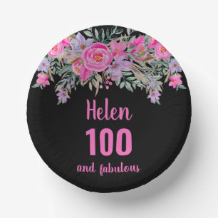 100th birthday pink black watercolor floral  paper plate