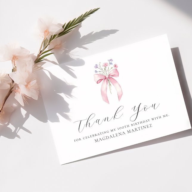 100th Birthday Pink Bow Wildflower Custom Flat Thank You Card (Creator Uploaded)