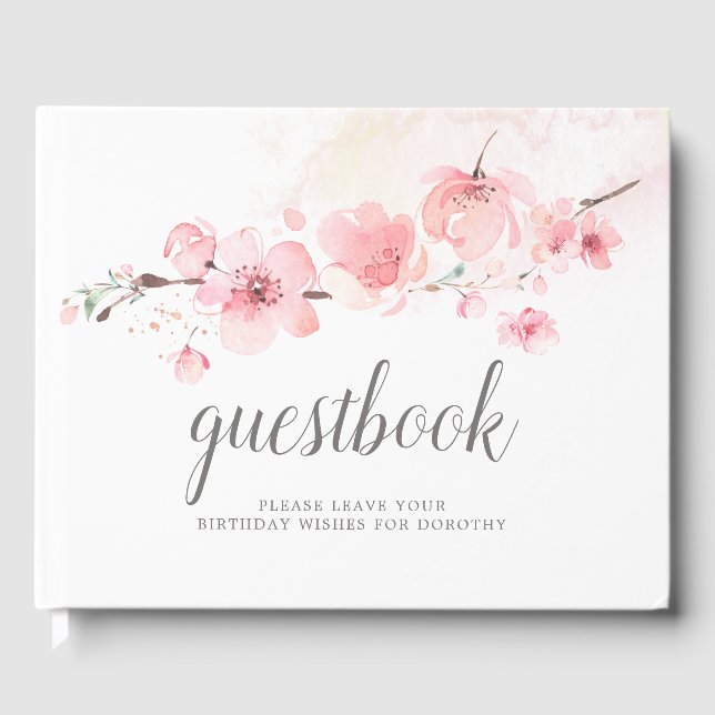 100th Birthday Pink Cherry Blossom Floral Guest Book (Front)