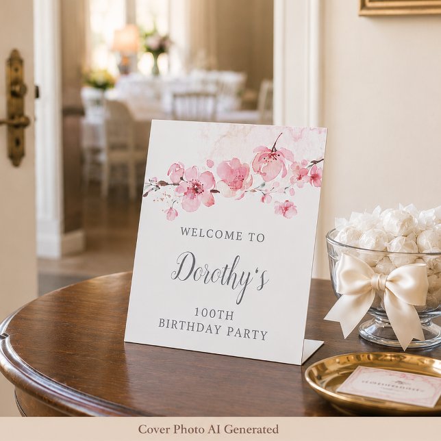 100th Birthday Pink Cherry Blossom Floral Pedestal Sign (Creator Uploaded)