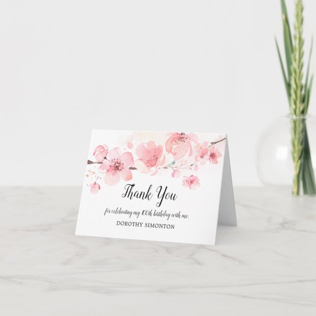 100th Birthday Pink Floral Cherry Blossom Thank You Card (Front)