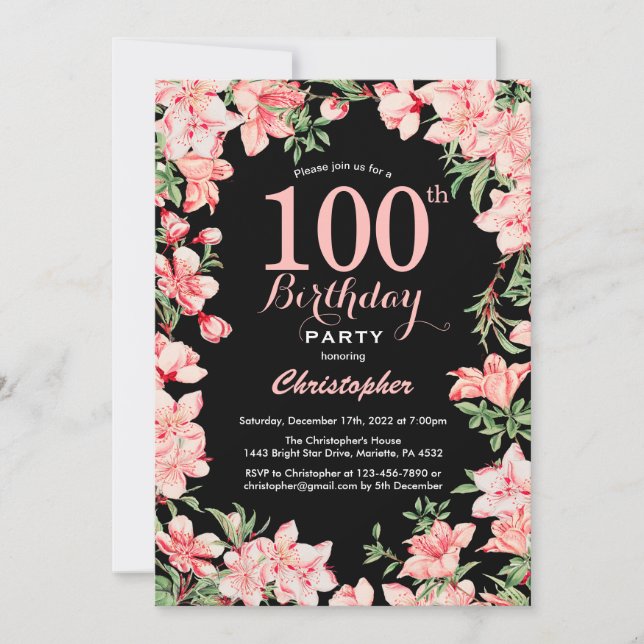 100th Birthday Pink Floral Flowers Black Backgroun Invitation (Front)