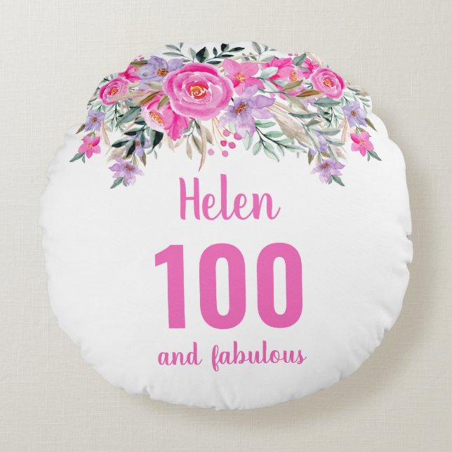100th birthday pink floral  name round pillow (Front)