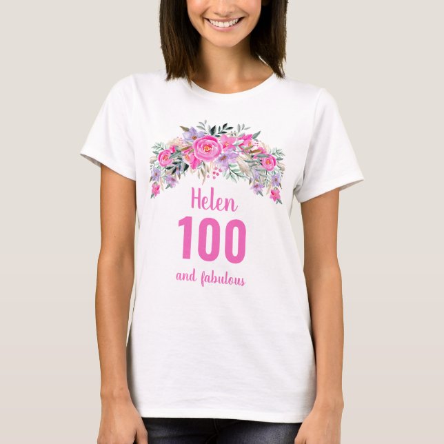 100th birthday pink floral name T-Shirt (Front)