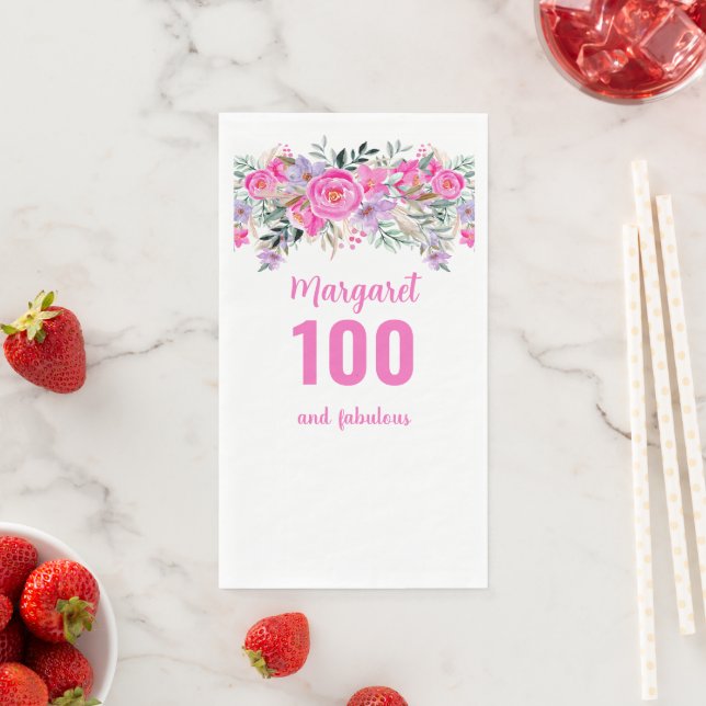 100th birthday pink floral party  napkin (Insitu)
