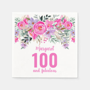 100th birthday pink floral party napkin