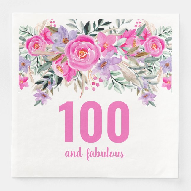100th birthday pink floral party napkins (Front)