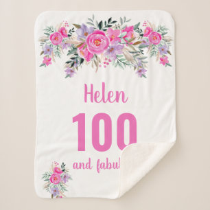 100th birthday pink floral sherpa blanket