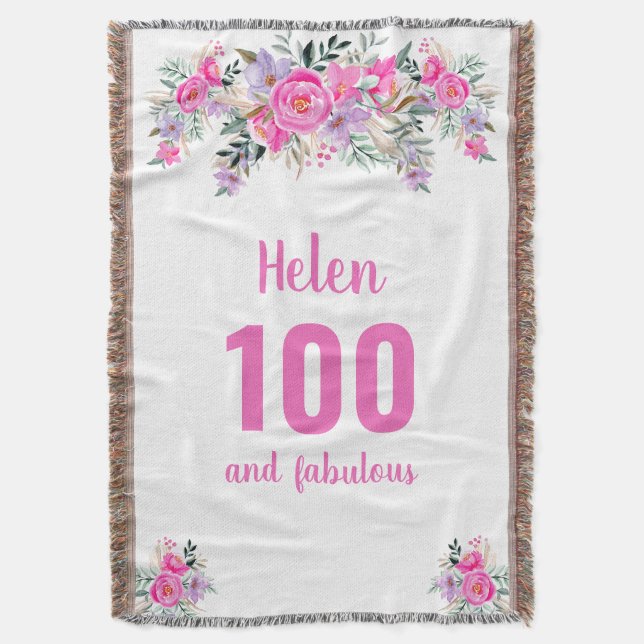 100th birthday pink floral  throw blanket (Front Vertical)