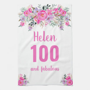 100th birthday pink floral unique tea towel